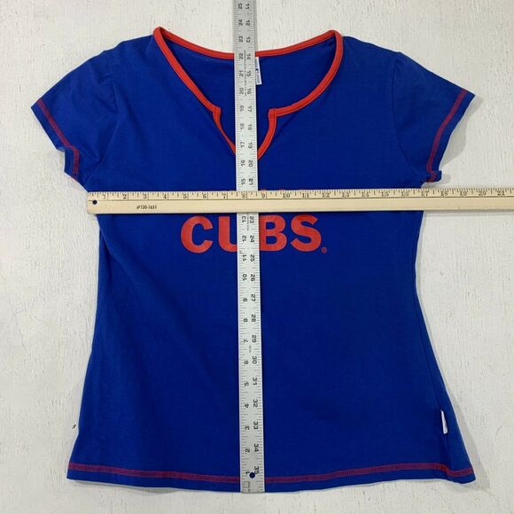 Vintage Chicago Cubs Shirt Women XS Youth Size XL Red Trim Notch Neck Blue Tee - Picture 6 of 10